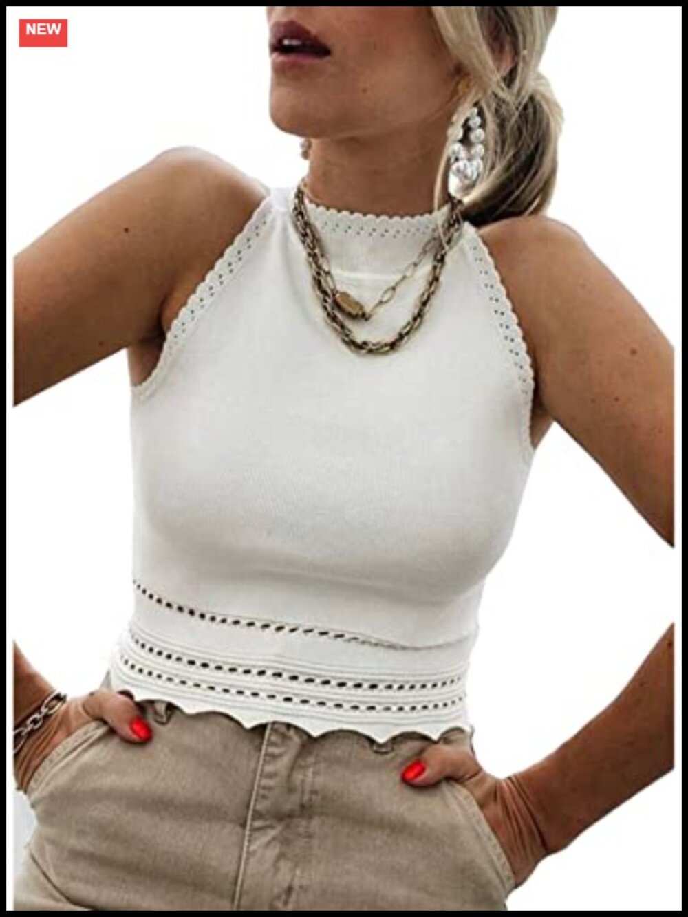 Viscose Blend Ribbed Knit High Neck Sleeveless Crop Tank Top